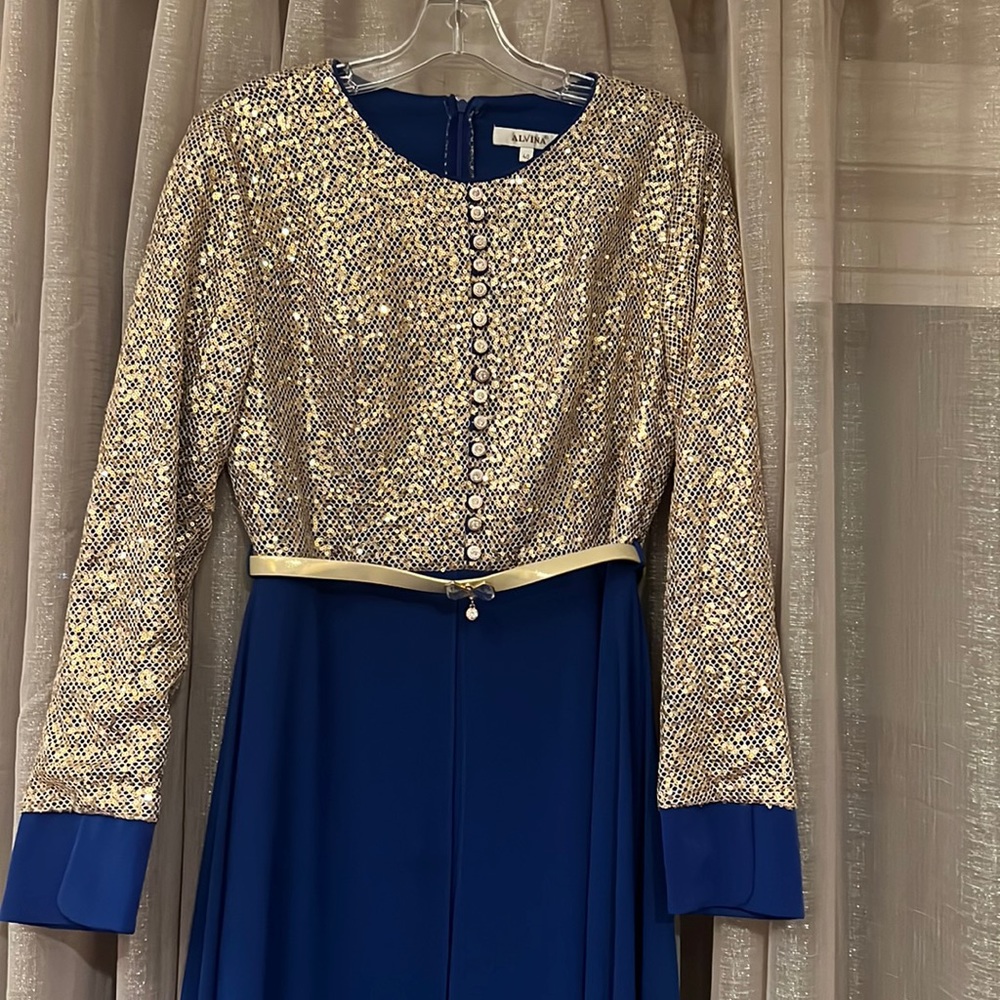 Alvina long sleeve maxi dress with sequin in blue and gold